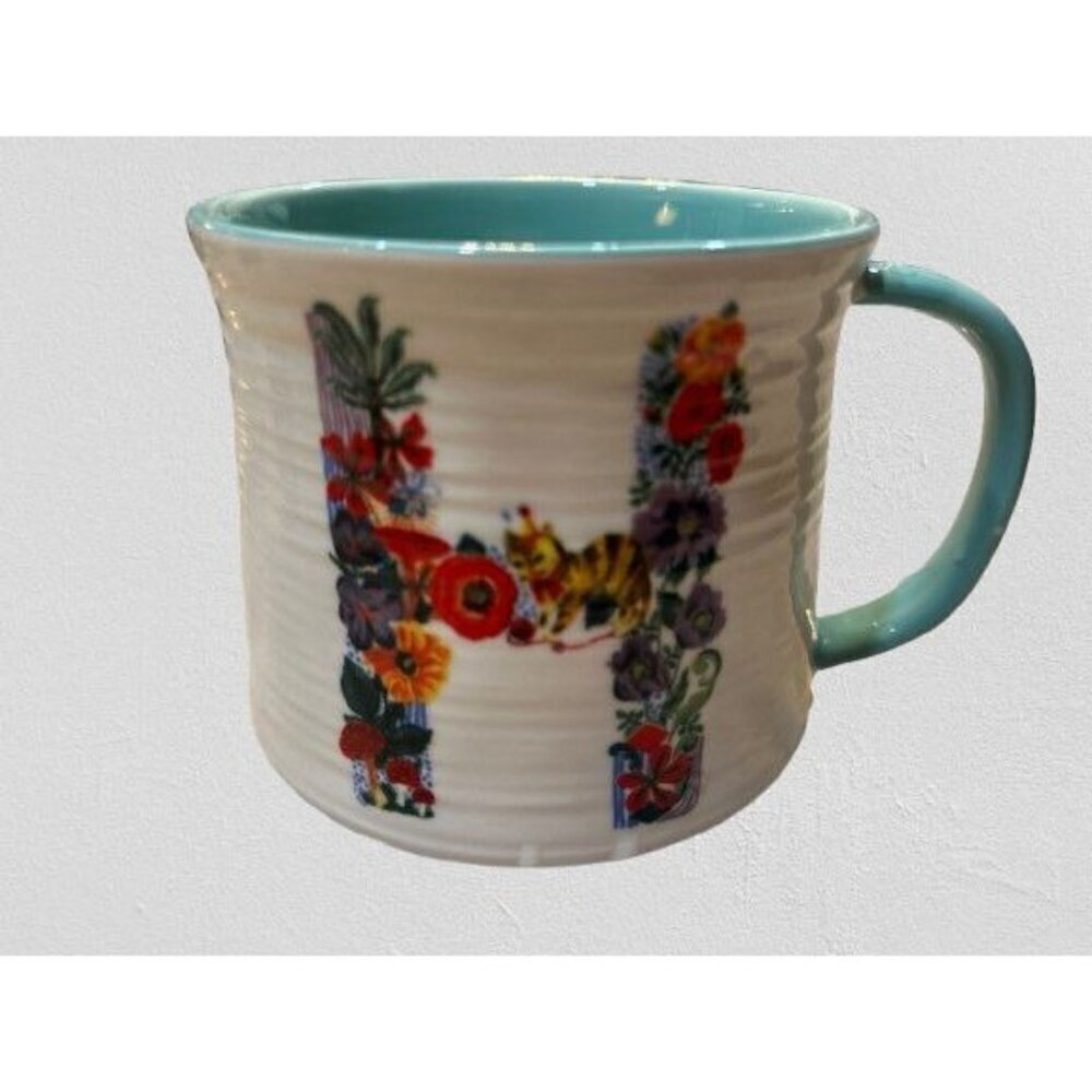 Anthropologie Nathalie Lete Monogram Letter "H" Mug Ceramic Floral Cat Snail